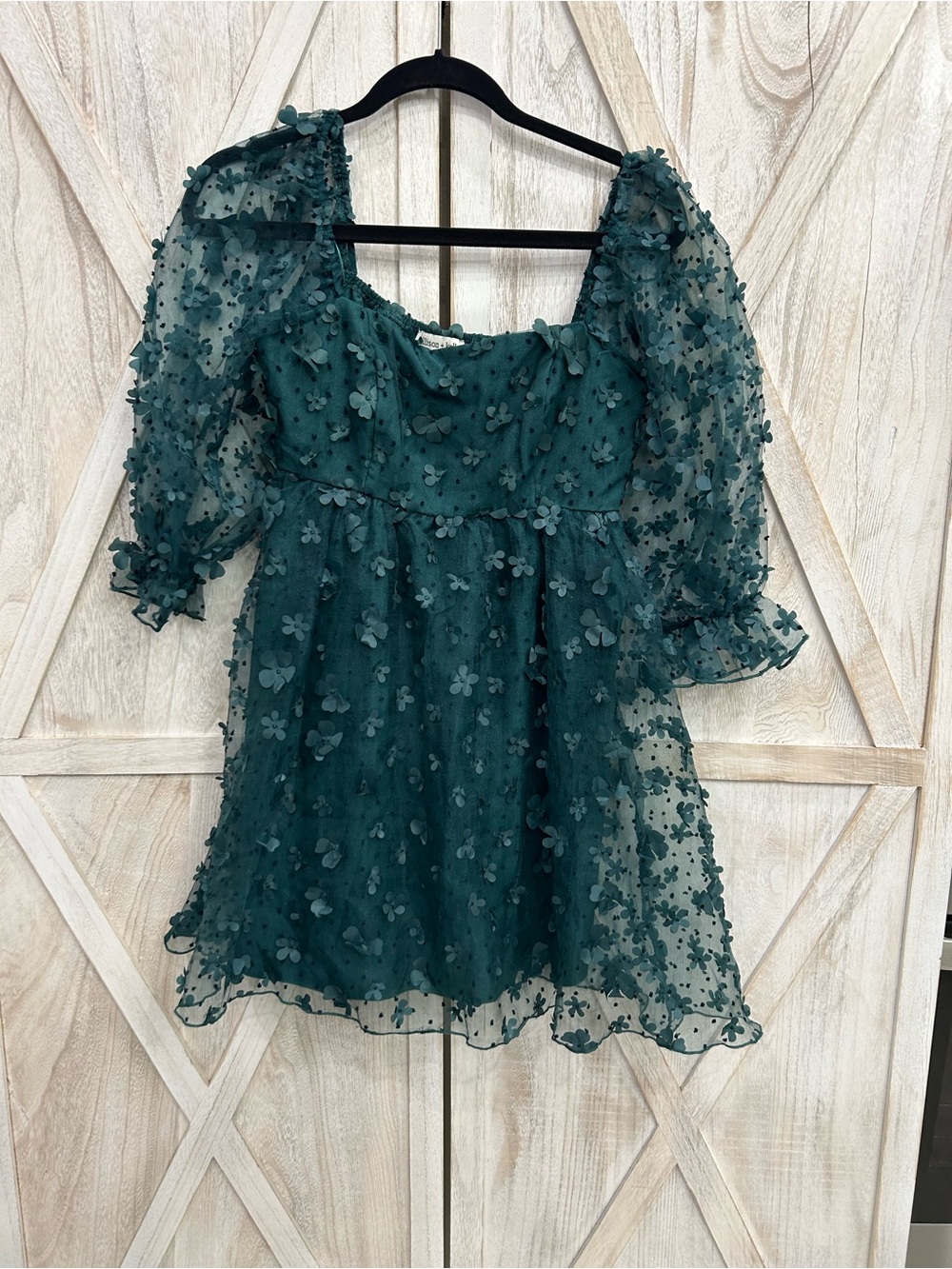 Forest Green Floral Mesh Mini Dress with Puff Sleeves